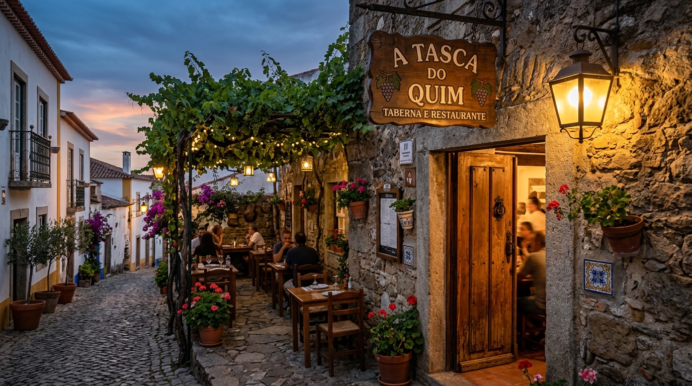 Fachada rústica da Tasca do Quim iluminada à noite